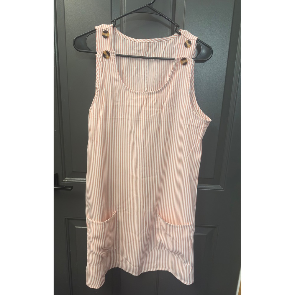 Pink White Striped Sleeveless Shift House Dress Pockets Shoulder Buttons Vtg‎